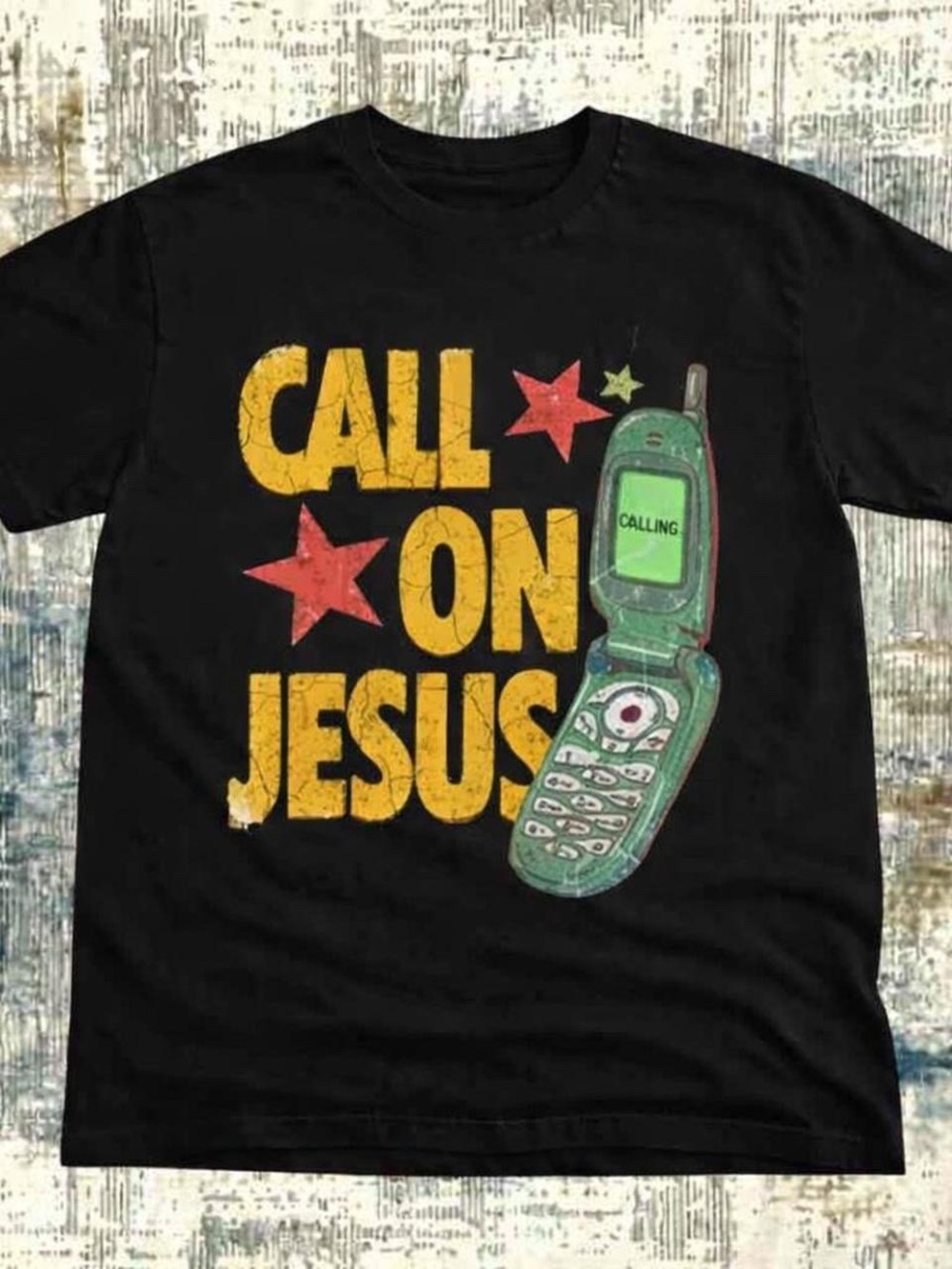 Gildan Black Tee with Yellow 'Call On Jesus' Text and Green Phone Graphic